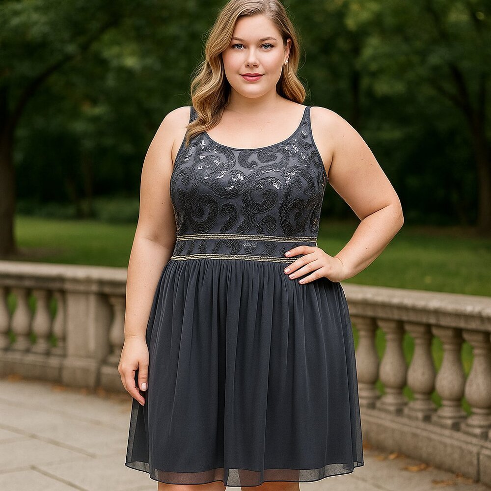 BCX Charcoal Sequin Overlay Party Dress – Size 16W – New w/ Tags - Picture 5 of 16